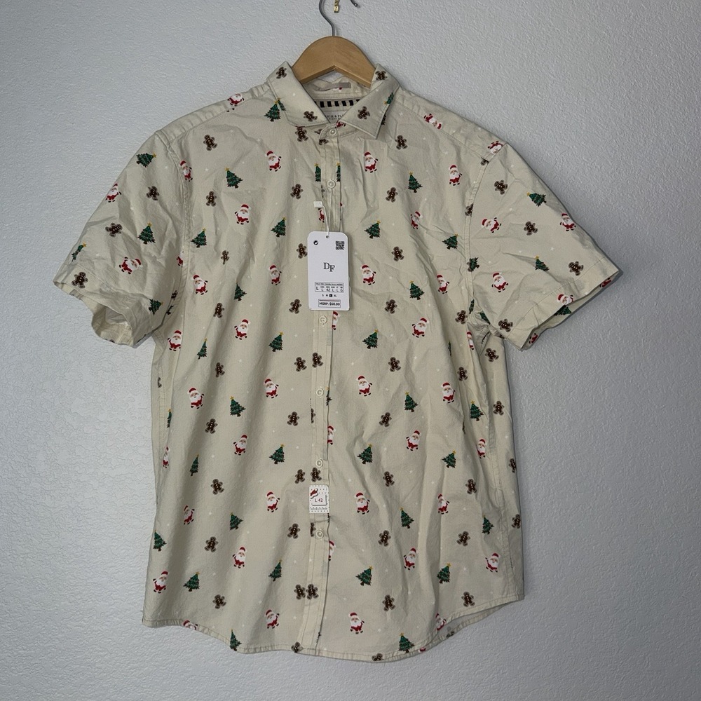 NWT Denim & Flower Holiday Button Up Shirt Mens Large Christmas Santa Trees